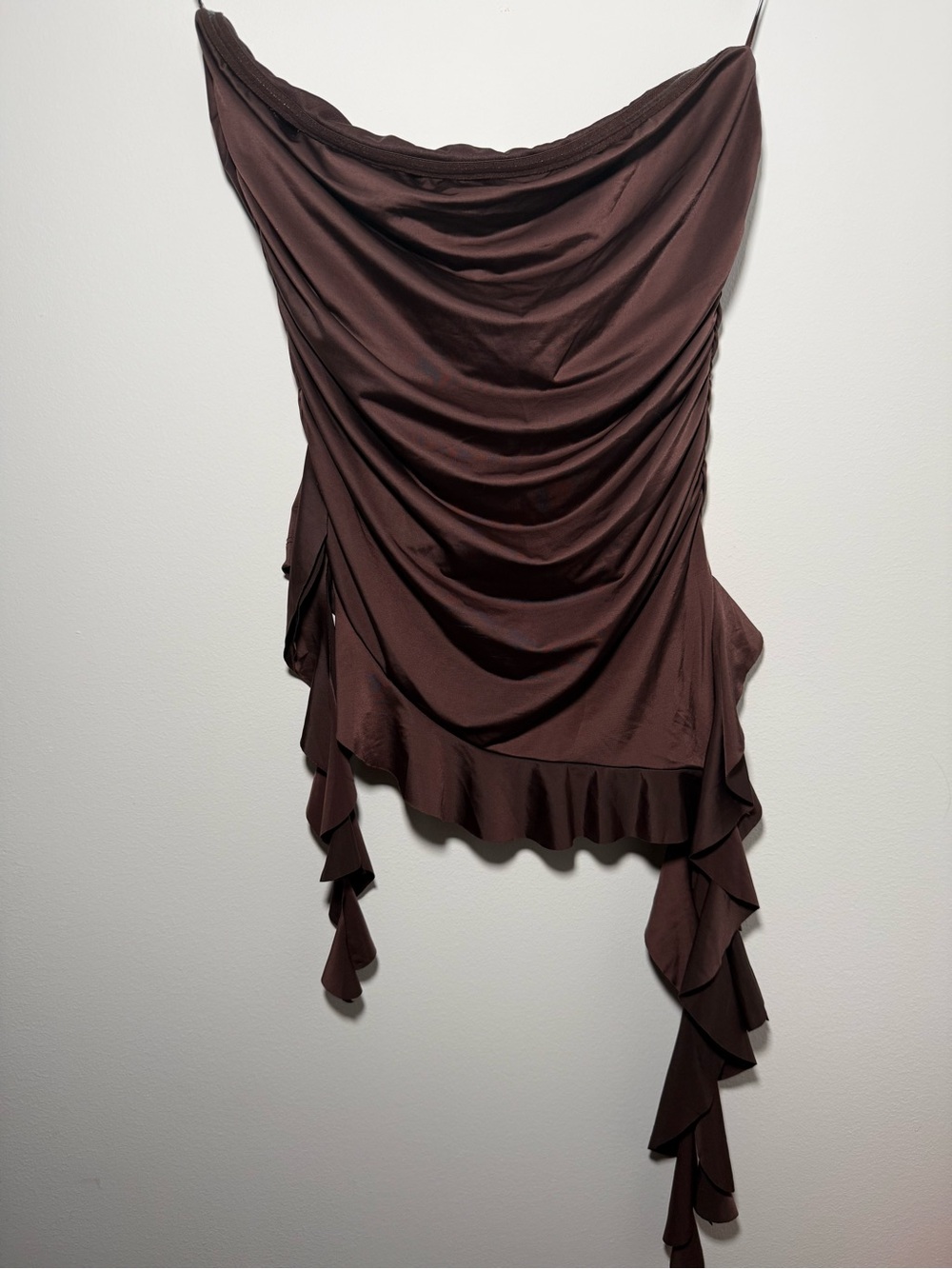 Brown Draped Asymmetrical Strapless Top